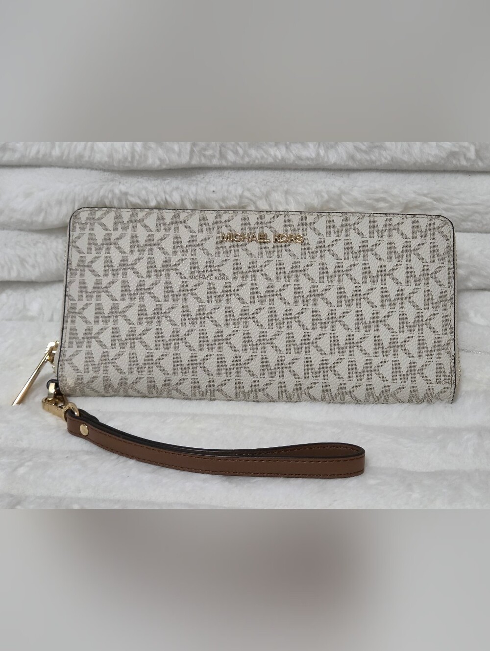 NWOT - Michael Kors Beige Logo Wristlet with Brown Strap and Gold Hardware
